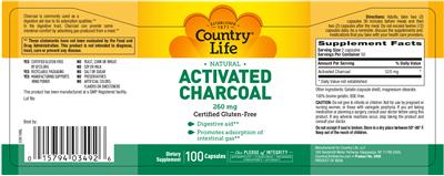 Photo of the Country Life Natural Activated Charcoal 260 mg label