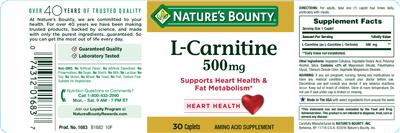 Photo of the Nature's Bounty L-Carnitine 500 mg label