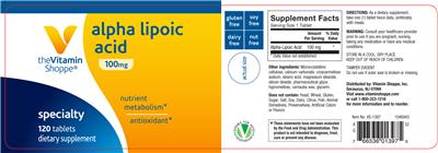 Photo of the The Vitamin Shoppe Alpha Lipoic Acid 100 mg label