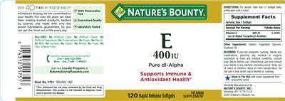 Photo of the Nature's Bounty E 400 IU Pure DL-Alpha label