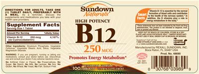 Photo of the Sundown Naturals High Potency B12 250 mcg label