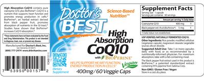 Photo of the Doctor's Best High Absorption CoQ10 400 mg with BioPerine label