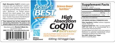 Photo of the Doctor's Best High Absorption CoQ10 600 mg label