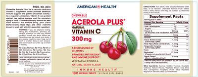 Photo of the American Health Chewable Acerola Plus Natural Vitamin C 300 mg Natural Berry Flavor label