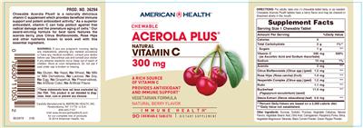 Photo of the American Health Chewable Acerola Plus Natural Vitamin C 300 mg Natural Berry Flavor label