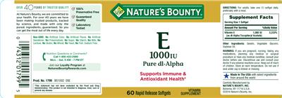 Photo of the Nature's Bounty E 1000 IU Pure DL-Alpha label