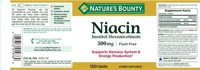 Photo of the Nature's Bounty Niacin Inositol Hexanicotinate 500 mg label
