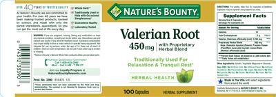 Photo of the Nature's Bounty Valerian Root 450 mg With Proprietary Herbal Blend label