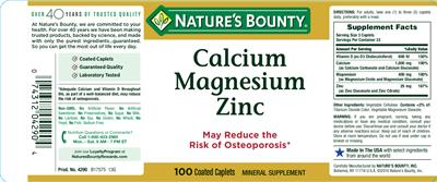 Photo of the Nature's Bounty Calcium Magnesium Zinc label