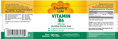 Photo of the Country Life Vitamin B6 200 mg label