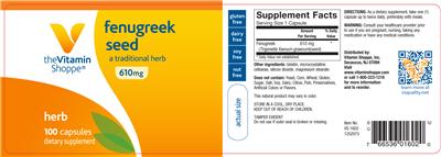 Photo of the The Vitamin Shoppe Fenugreek Seed 610 mg label