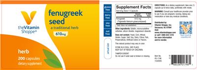 Photo of the The Vitamin Shoppe Fenugreek Seed 610 mg label