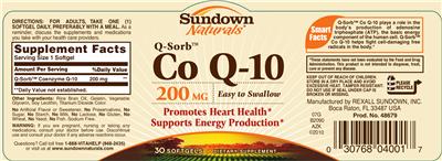 Photo of the Sundown Naturals Q-Sorb Co Q-10 200 mg label