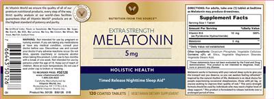 Photo of the Vitamin World Extra Strength Melatonin 5 mg label