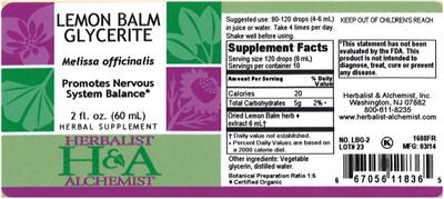 Photo of the Herbalist & Alchemist Lemon Balm Glycerite label