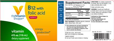Photo of the The Vitamin Shoppe B12 With Folic Acid Raspberry label