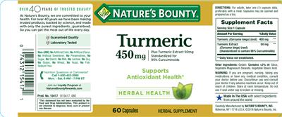Photo of the Nature's Bounty Turmeric 450 mg Plus Turmeric Extract 50 mg label
