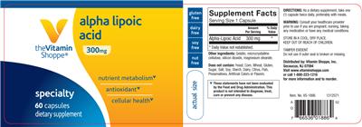 Photo of the The Vitamin Shoppe Alpha Lipoic Acid 300 mg label