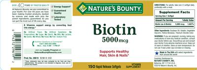 Photo of the Nature's Bounty Biotin 5000 mcg label