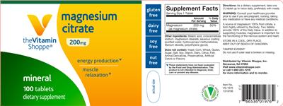 Photo of the The Vitamin Shoppe Magnesium Citrate 200 mg label