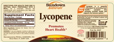 Photo of the Sundown Naturals Lycopene label