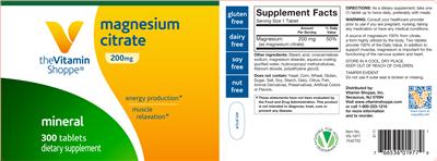 Photo of the The Vitamin Shoppe Magnesium Citrate 200 mg label
