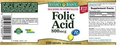 Photo of the Nature's Bounty Maximum Strength Folic Acid 800 mcg label