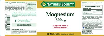 Photo of the Nature's Bounty Magnesium 500 mg label