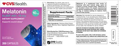 Photo of the CVS Health Melatonin 10 mg label