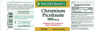 Photo of the Nature's Bounty Chromium Picolinate 800 mcg label