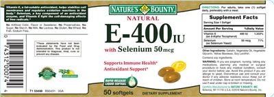 Photo of the Nature's Bounty Natural E-400 IU With Selenium 50 mcg label