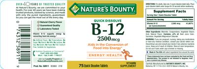 Photo of the Nature's Bounty Quick Dissolve B-12 2500 mcg label
