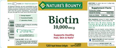 Photo of the Nature's Bounty Biotin 10,000 mcg label