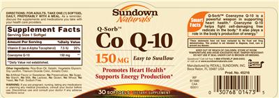 Photo of the Sundown Naturals Q-Sorb Co Q-10 150 mg label