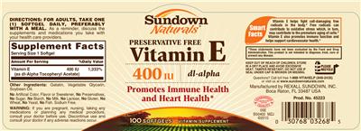 Photo of the Sundown Naturals Preservative Free Vitamin E 400 IU DL-Alpha label