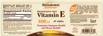 Photo of the Sundown Naturals Preservative Free Vitamin E 400 IU DL-Alpha label
