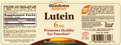 Photo of the Sundown Naturals Lutein 6 mg label