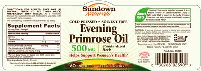 Photo of the Sundown Naturals Evening Primrose Oil 500 mg label