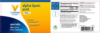 Photo of the The Vitamin Shoppe Alpha Lipoic Acid 100 mg label