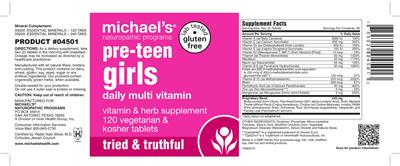 Photo of the Michael's Naturopathic Programs Pre-Teen Girls Daily Multi Vitamin label