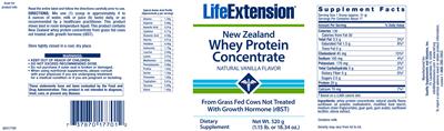 Photo of the Life Extension New Zealand Whey Protein Concentrate Natural Vanilla Flavor label