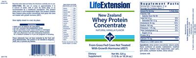 Photo of the Life Extension New Zealand Whey Protein Concentrate Natural Vanilla Flavor label