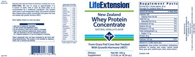 Photo of the Life Extension New Zealand Whey Protein Concentrate Natural Vanilla Flavor label