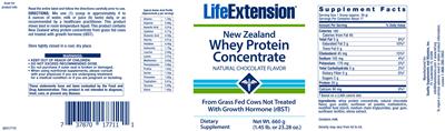 Photo of the Life Extension New Zealand Whey Protein Concentrate Natural Chocolate Flavor label
