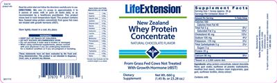 Photo of the Life Extension New Zealand Whey Protein Concentrate Natural Chocolate Flavor label