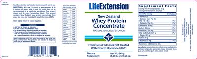 Photo of the Life Extension New Zealand Whey Protein Concentrate Natural Chocolate Flavor label