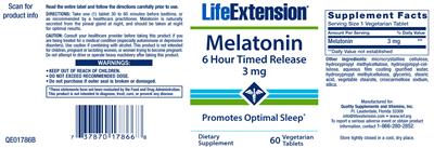 Photo of the Life Extension Melatonin 3 mg 6 Hour Timed Release label