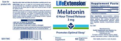 Photo of the Life Extension Melatonin 3 mg 6 Hour Timed Release label