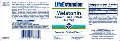 Photo of the Life Extension Melatonin 300 mcg 6 Hour Timed Release label
