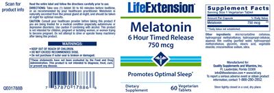 Photo of the Life Extension Melatonin 750 mcg 6 Hour Timed Release label